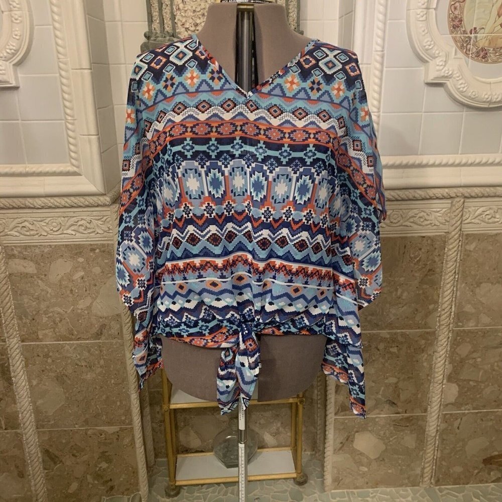 Glance. Size XL. Pullover, Tie front. Kaftan Style Sleeves. Semi Sheer. B85.